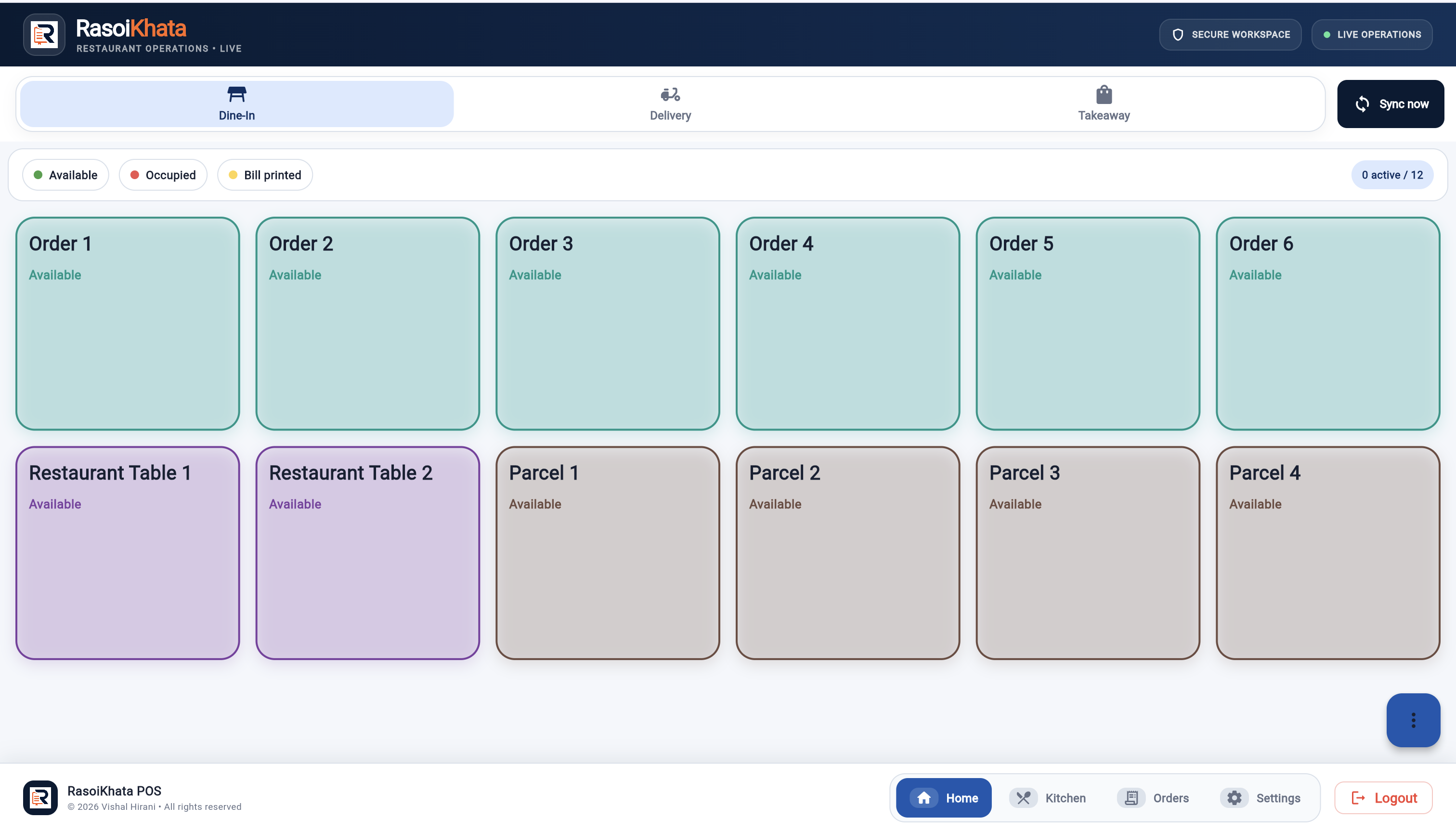 Actual RasoiKhata table screen showing dine-in tables and their availability, in the app