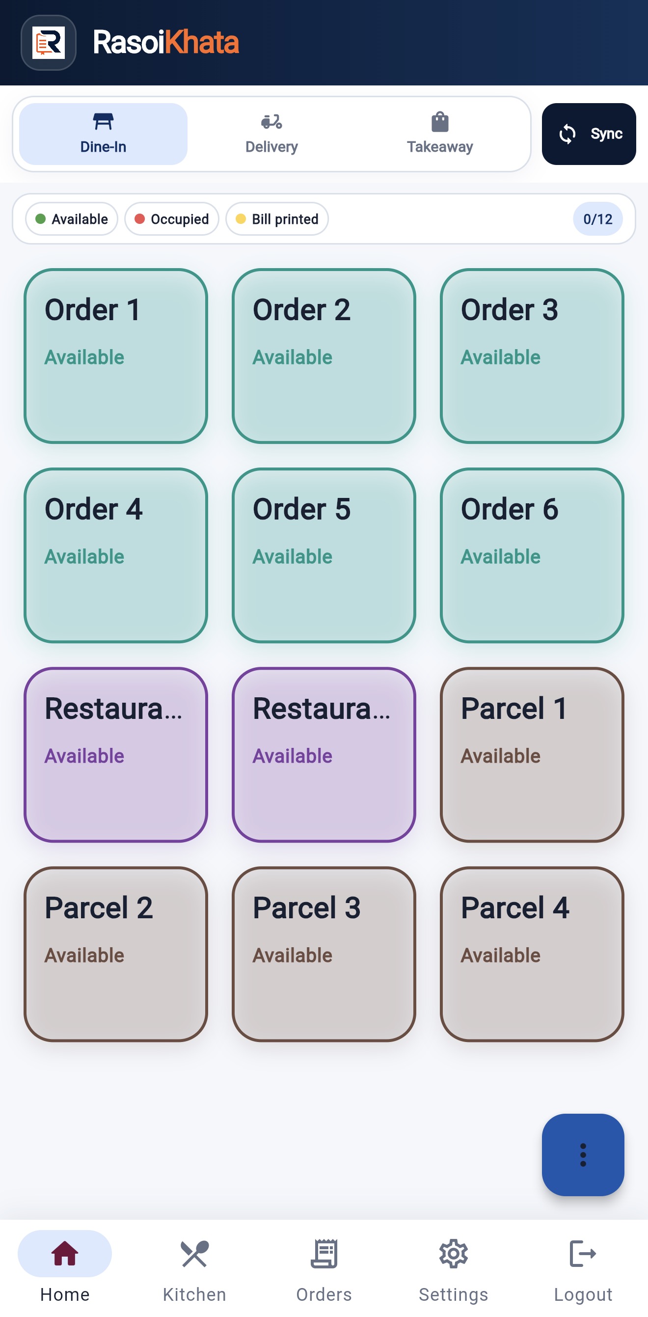 Actual RasoiKhata table overview at a mobile screen size, in the app